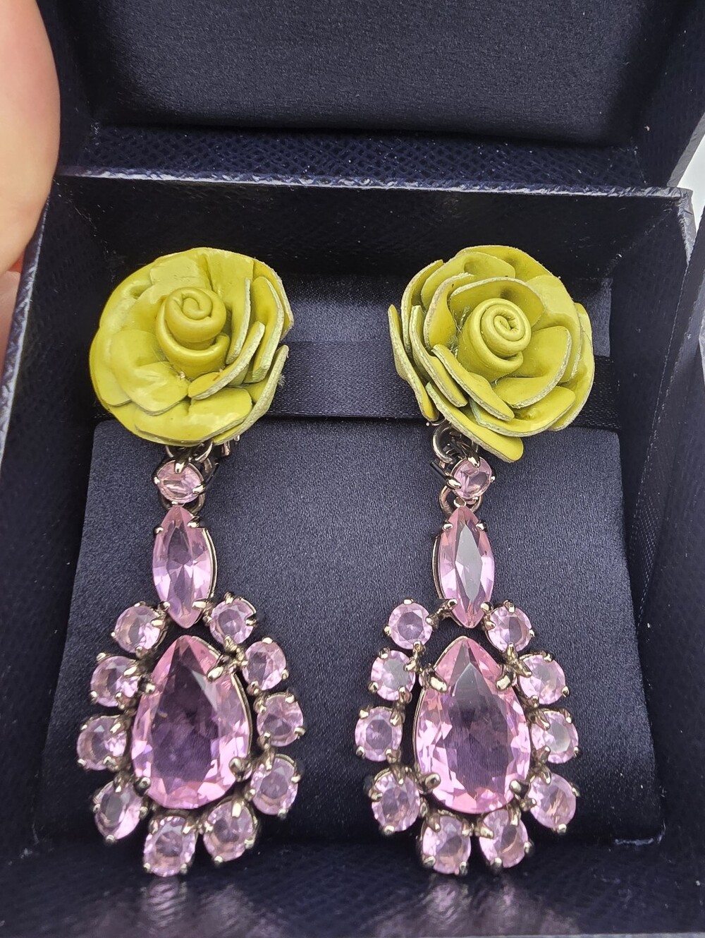 Authentic Prada Green Leather Rose Pink Crystal Drop Dangle Clip On Earrings